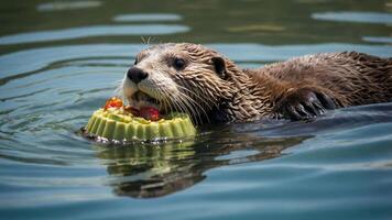 An otter floats in water, holding a colorful jelly-like dessert filled with fruits. photo