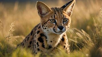 A close-up of a serval cat in a grassy field, showcasing its distinctive features. photo