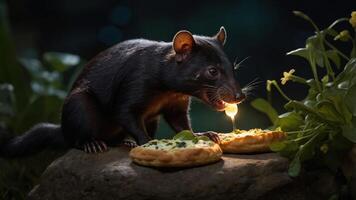 A Tasmanian devil enjoys pizza in a lush, nighttime setting. photo