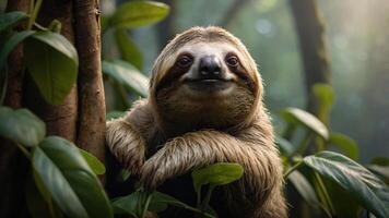 A sloth resting among green leaves, showcasing a peaceful expression in a forest setting. photo