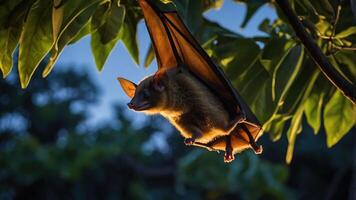 A bat hanging upside down from a tree branch in twilight. photo