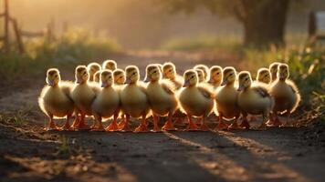 A group of fluffy ducklings walking along a sunlit path in a serene outdoor setting. photo