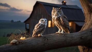 Two owls perched on a branch near a rustic barn at dusk, creating a serene atmosphere. photo
