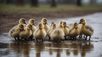 A group of fluffy ducklings gathered near water, showcasing their playful nature. photo