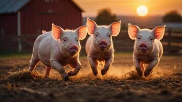 Three playful piglets running in a farm setting during sunset. photo