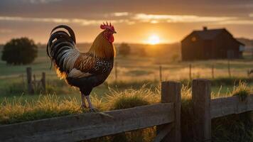 A rooster stands on a fence at sunrise, with a barn and fields in the background. photo