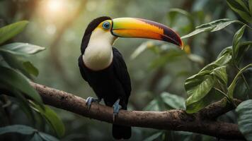 A vibrant toucan perched on a branch amidst lush greenery in a tropical environment. photo