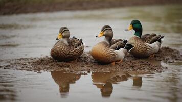 Three ducks resting on muddy ground with reflections in shallow water. photo