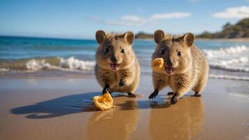 Two quokkas joyfully running on the beach with food in their mouths. photo