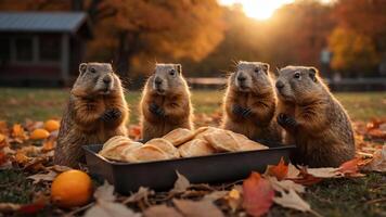 Four groundhogs gathered around a tray of pastries in a colorful autumn setting. photo
