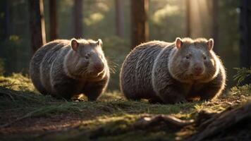 Two wombats in a forest, surrounded by soft light and greenery. photo