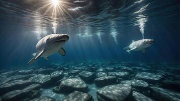 Underwater scene featuring two sharks swimming over a rocky seabed with sunlight filtering through. photo