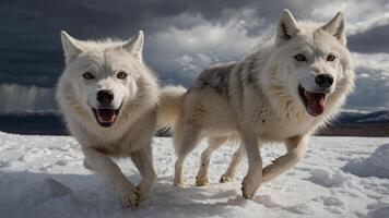 Two white wolves running through a snowy landscape under a dramatic sky. photo