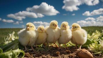 Five fluffy yellow chicks standing on the ground with a blue sky and clouds in the background. photo