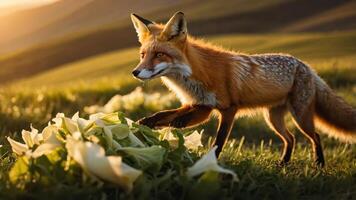 A fox interacts with a pile of leaves in a sunlit, grassy landscape. photo