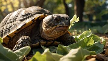 A close-up of a tortoise nibbling on leafy greens in a natural setting. photo