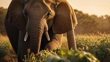 An elephant forages in a sunlit field, showcasing wildlife in a natural setting. photo