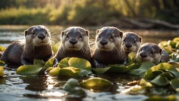 Five playful otters resting on water lilies in a serene river setting during golden hour. photo