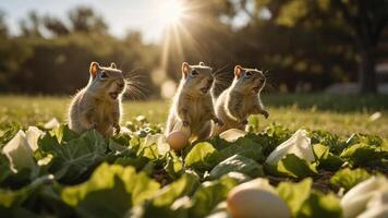 Three squirrels playfully interact with eggs among leafy greens in a sunlit field. photo