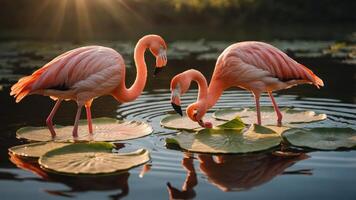 Two flamingos standing on lily pads in a serene water setting during sunset. photo