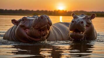 Two smiling hippos in water at sunset, showcasing wildlife in a serene environment. photo