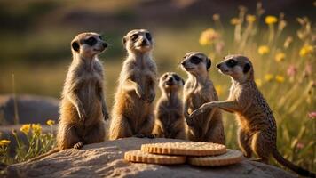 A group of meerkats gathered around a pile of biscuits in a natural setting. photo