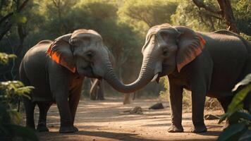 Two elephants touching trunks in a serene forest setting. photo