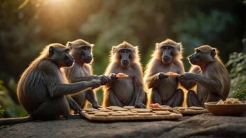 Five monkeys sharing food in a natural setting during sunset. photo