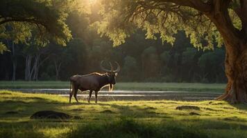 A serene landscape featuring a wildebeest by a tranquil water body, illuminated by sunlight. photo