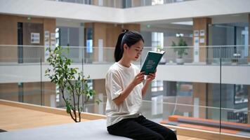 University student reading book for assignment or student learning for exam at library video