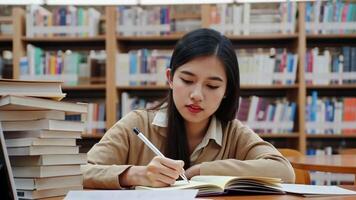 enfocado estudiante investigación en el Universidad biblioteca o aprendizaje asignación, escritura notas en instalaciones biblioteca video