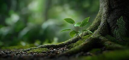 Lush Green Forest Scene New Plant Sprout Emerging from Mossy Tree Roots photo