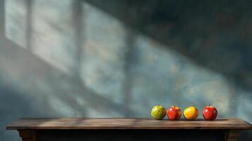 Still Life Photography Colorful Apples on Rustic Wooden Table with Dramatic Light and Shadow photo