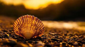 Golden Seashell on Beach at Sunset Coastal Nature Photography Ocean Detail photo