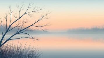 Serene Sunset Landscape Misty Lake Bare Tree and Reeds at Dawn photo