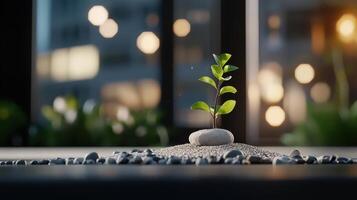 Small Sprout Growing on Stone in Zen Garden Setting Tranquil Nature Scene photo