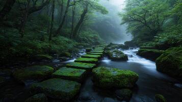 Serene Mossy Stone Path Across Misty Forest Stream Lush Green Nature photo