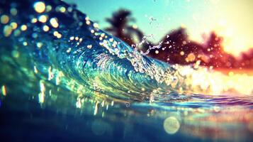 Vibrant Ocean Wave Crashing at Sunset Sparkling Water Texture Summer Beach Scene photo