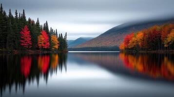 Stunning Autumn Lake Reflection Vibrant Fall Foliage Mountains and Tranquil Waters photo