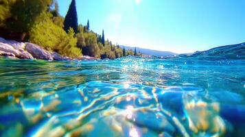 Crystal Clear Turquoise Water Underwater View of a Sunny Summer Beach Scene with Lush Green photo