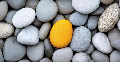 Unique Yellow Stone Among Grey River Rocks Smooth Pebbles Texture Background photo