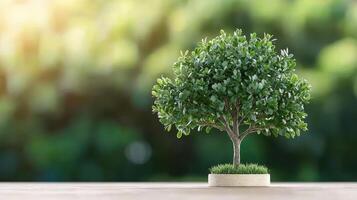 Lush Green Bonsai Tree on Wooden Table Nature Background Environmental Concept photo