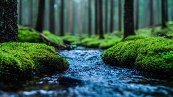 Serene Forest Stream Flowing Through Lush Green Moss and Trees photo
