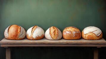 Artisan Breads Five Loaves of Freshly Baked Sourdough and Country Bread on Rustic Wooden Shelf photo