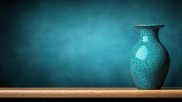 Teal Speckled Ceramic Vase on Wooden Shelf Against a Dark Teal Background photo