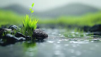 Serene Rain Lush Green Grass and Rocks by a Calm Stream photo