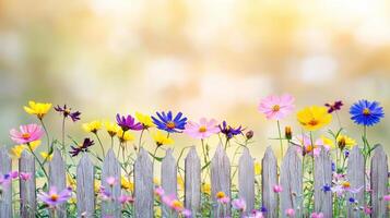 Vibrant Spring Cosmos Flowers Blooming by Rustic Wooden Fence in Sunny Garden photo