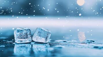 Two Crystal Clear Ice Cubes on Icy Surface with Snow Falling Winter Background photo