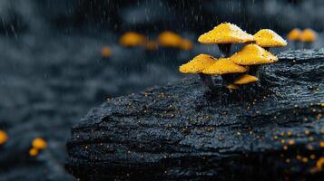Vibrant Yellow Mushrooms Cluster in Rain Dark Rock Background Nature Photography photo