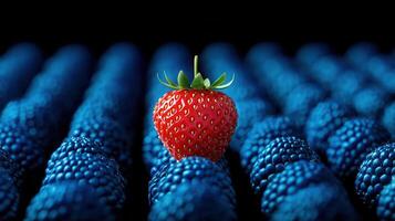 Single Red Strawberry Among Many Blue Blackberries Unique Fruit Contrasting Colors Close Up photo